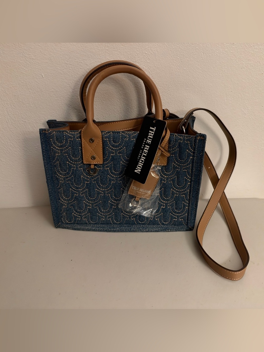 True Religion Blue Denim Satchel with Tan Leather Accents